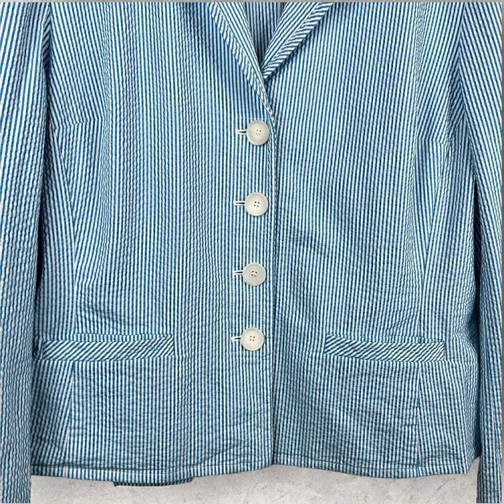 TALBOTS Seersucker Blazer Pin Stripe in White and Turquoise Size 14 - Picture 3 of 9
